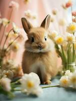 ai generado linda Pascua de Resurrección Conejo en flores con de colores huevos. brillante bonito Sesión de fotos. primavera vibras. alto calidad. ai generativo foto