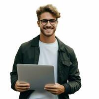 AI generated University student happy smiling holding laptop isolated on a white background. High quality. AI Generative photo