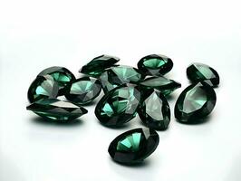 AI generated A bunch of shiny dark green sapphire gemstones isolated on a white background. High-resolution. AI Generative photo