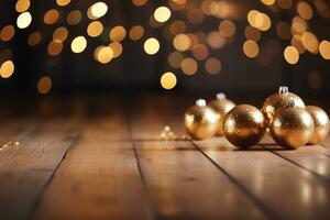 AI generated happy new year decoration on wooden background with bokeh lights and copy space generative ai photo