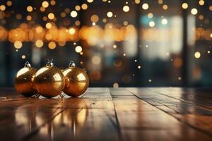 ai generado contento nuevo año decoración en de madera antecedentes con bokeh luces y Copiar espacio generativo ai foto