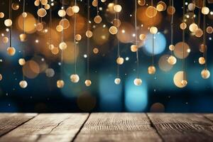 AI generated happy new year decoration on wooden background with bokeh lights and copy space generative ai photo