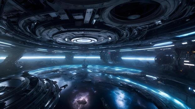 AI generated 3D rendering of space station with view on the planet Earth. photo