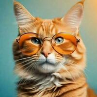 ai generado naranja gato con Gafas de sol en azul antecedentes. foto