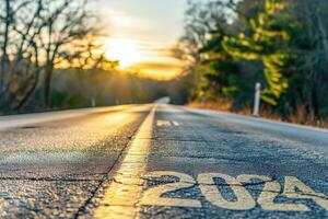 ai generado la carretera a 2024, vacío calle con el nuevo año 2024 escrito en el la carretera foto