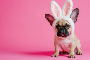 ai generado contento perro con conejito orejas para Pascua de Resurrección, bandera para tu anuncio publicitario, Pascua de Resurrección conejito, contento Pascua de Resurrección. foto