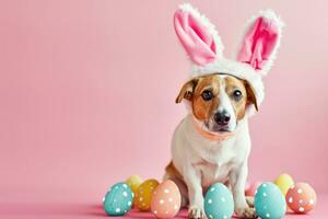 AI generated Happy dog with bunny ears for Easter, Banner for your advertisement, Easter bunny, happy Easter. photo