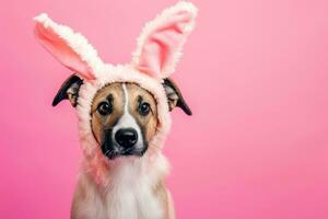 AI generated Happy dog with bunny ears for Easter, Banner for your advertisement, Easter bunny, happy Easter. photo