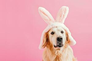 AI generated Happy dog with bunny ears for Easter, Banner for your advertisement, Easter bunny, happy Easter. photo