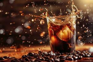 AI generated Cold coffee drink with ice, Beans and splash, Close up banner photo