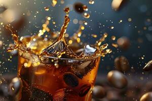 AI generated Cold coffee drink with ice, Beans and splash, Close up banner photo