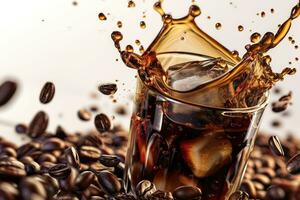 AI generated Cold coffee drink with ice, Beans and splash, Close up banner photo