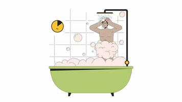 4 minute shower line cartoon animation. Water saving at home 4K video motion graphic. Reduce electricity usage. Indian man showering bathtub 2D linear animated character isolated on white background