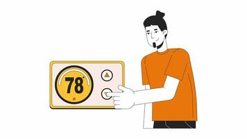 thermostat réduire ligne dessin animé animation. économie énergie à Accueil 4k vidéo mouvement graphique. inférieur électricité usage. chauffage contrôle commutation 2d linéaire Animé personnage isolé sur blanc Contexte video