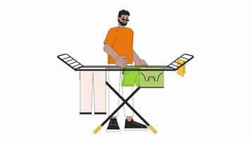 Air drying clothes on rack line cartoon animation. Saving energy at home 4K video motion graphic. Home chores. African-american man 2D linear animated character isolated on white background