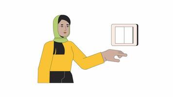 vändning av ljus linje tecknad serie animation. sparande energi på Hem 4k video rörelse grafisk. minska elektricitet användande. muslim hijab kvinna 2d linjär animerad karaktär isolerat på vit bakgrund