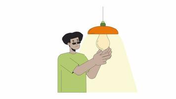energi effektiv glödlampa montera linje tecknad serie animation. sparande energi Hem 4k video rörelse grafisk. minska elektricitet användande. latino kille 2d linjär animerad karaktär isolerat på vit bakgrund