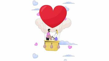 Love confession in hot air balloon flight line 2D animation. Interracial couple holding hands 4K video motion graphic. Special occasion linear animated cartoon flat concept, white background