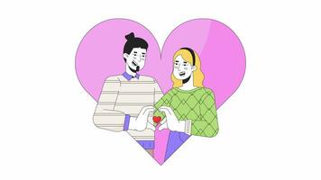 Caucasian girlfriend boyfriend 14 february line 2D animation. Valentine day couple heart shape hands 4K video motion graphic. Bonding relations linear animated cartoon flat concept, white background