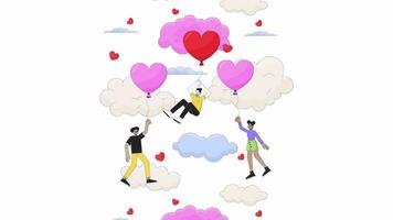 14 febrero san valentin día línea 2d animación. diverso personas 4k vídeo movimiento gráfico. romántico corazón conformado globos, flotante en nubes lineal animado dibujos animados plano concepto, blanco antecedentes video