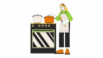 Saving energy by cooking with lid line cartoon animation. Heating food quickly 4K video motion graphic. Caucasian woman putting lid on pot 2D linear animated character isolated on white background