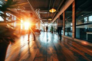 AI generated motion blur image of business people crowd walking at corporate office photo