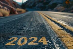 ai generado la carretera a 2024, vacío calle con el nuevo año 2024 escrito en el la carretera foto