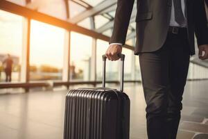 AI generated Businessman Dragging suitcase luggage bag in airport, Business trip concept photo