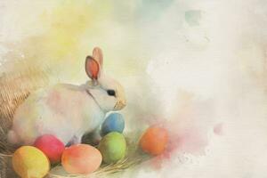 AI generated Adorable Easter Bunny With Easter Eggs, colorful Easter eggs, banner and wallpaper, watercolor photo