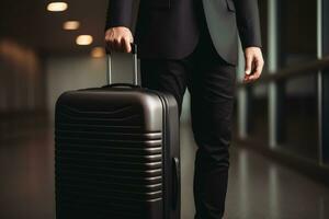 AI generated Businessman Dragging suitcase luggage bag in airport, Business trip concept photo