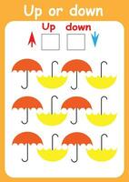 Up or down. Directions for children. Logic game. Spatial orientation. Study sheet. vector