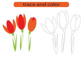 Trace and color the flowers. Coloring book for preschool children. Handwriting practice. vector