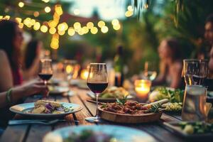 AI generated Happy friends having fun outdoor. Group of friends having backyard dinner party photo