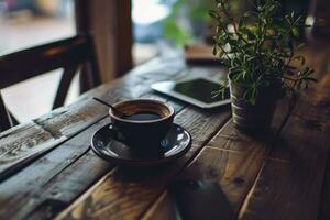 AI generated Empty tablet with a cup of coffee on wood work desk, soft focus vintage color tone photo