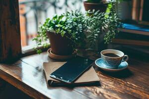 AI generated Empty tablet with a cup of coffee on wood work desk, soft focus vintage color tone photo