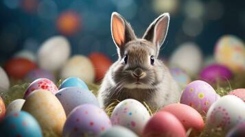 ai generado adorable Pascua de Resurrección conejito con Pascua de Resurrección huevos, vistoso Pascua de Resurrección huevos, bandera y fondo de pantalla, ai generativo foto