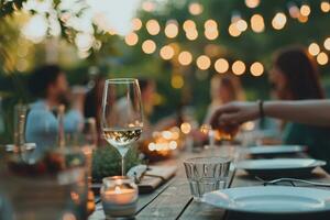 AI generated Happy friends having fun outdoor. Group of friends having backyard dinner party photo