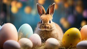 ai generado adorable Pascua de Resurrección conejito con Pascua de Resurrección huevos, vistoso Pascua de Resurrección huevos, bandera y fondo de pantalla, ai generativo foto