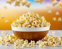 AI generated Tasty popcorn in bowl on blurred background. Generative AI photo