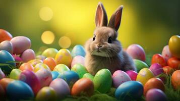 AI generated Adorable Easter Bunny With Easter Eggs, colorful Easter eggs, banner and wallpaper, AI Generative photo