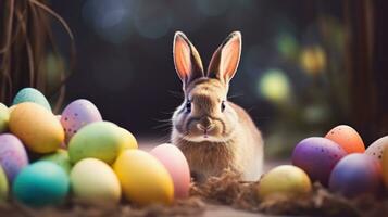 ai generado adorable Pascua de Resurrección conejito con Pascua de Resurrección huevos, vistoso Pascua de Resurrección huevos, bandera y fondo de pantalla, ai generativo foto