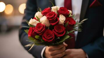 ai generado hombre con rojo rosas ramo, san valentin día, ai generativo foto