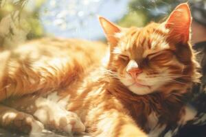 ai generado retrato de un perezoso gato acostado abajo en el soleado, siesta y soñando, ai generativo foto