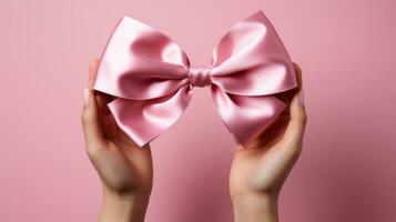 AI generated World Cancer Day, breast cancer awareness, Hands catching a pink bow on a pink background, AI Generative photo