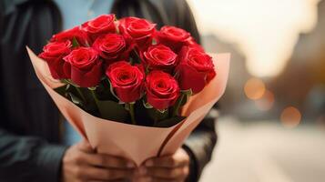 ai generado hombre con rojo rosas ramo, san valentin día, ai generativo foto