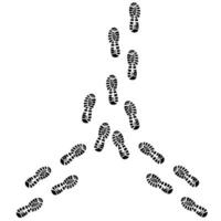 Vector silhouette of footprints running from two directions and merging. Footprints from sneakers on a white background. Rock climbing, walking and health banner.