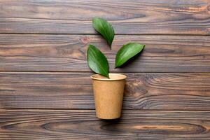 Zero waste cup with green leaf, environmentally friendly, disposable, cardboard, Eco-friendly coffee cup. top View with copy space photo