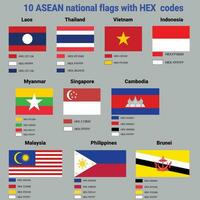 10 ASEAN countries flags with HEX codes vector