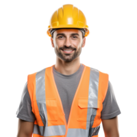 ai généré Masculin construction ouvrier avec casque isolé sur transparent Contexte png