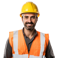 ai generado masculino construcción trabajador con casco aislado en transparente antecedentes png